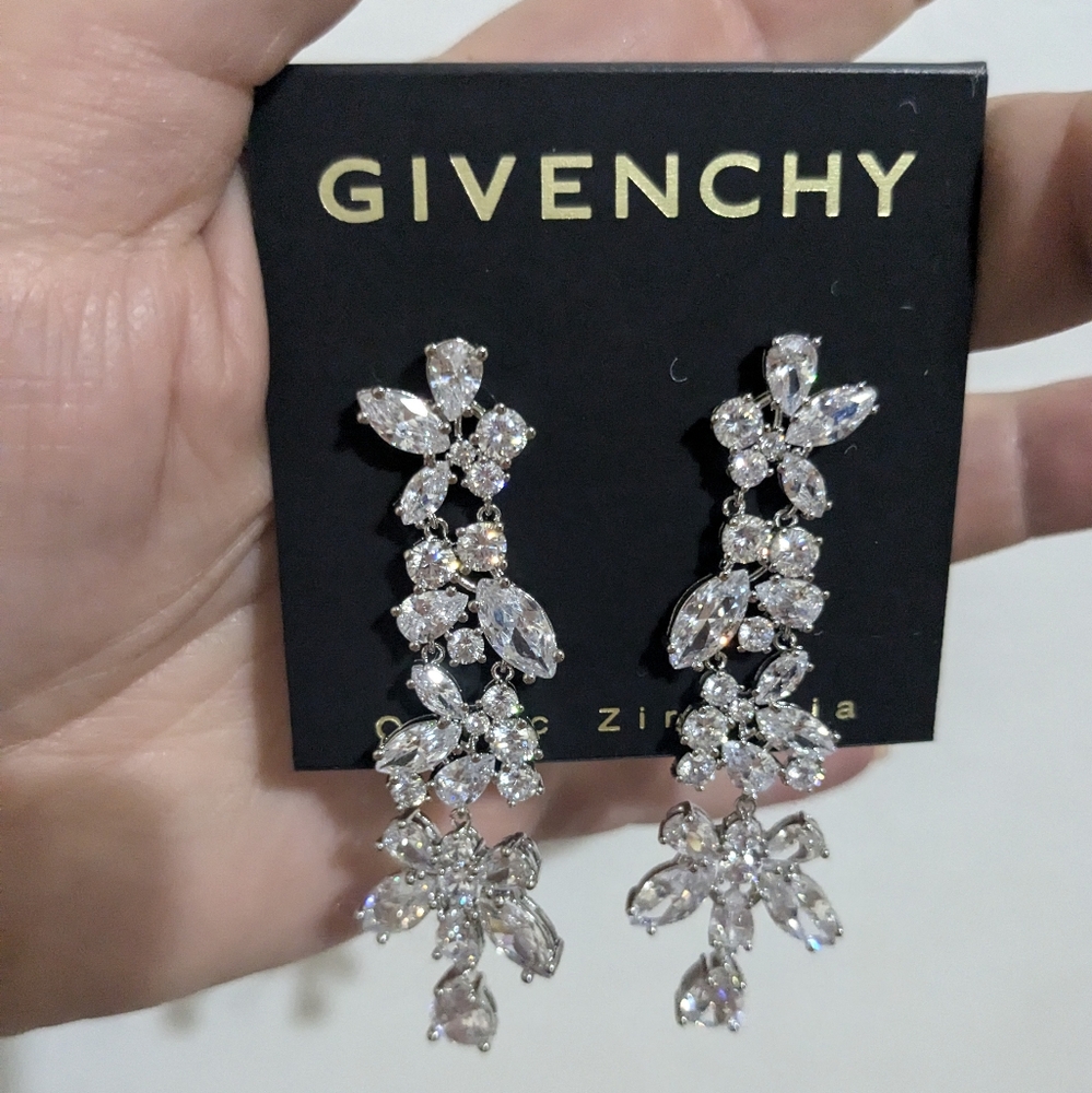Givenchy Elegant Silver Crystal Drop Earrings